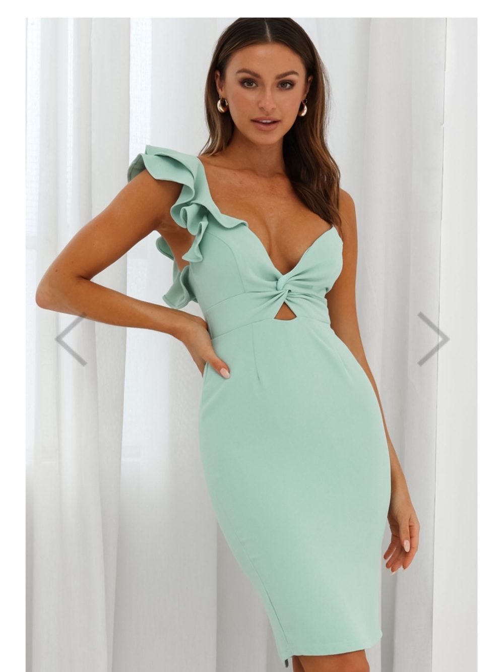 Ruffle One-Shoulder Twist Front Mint Dress